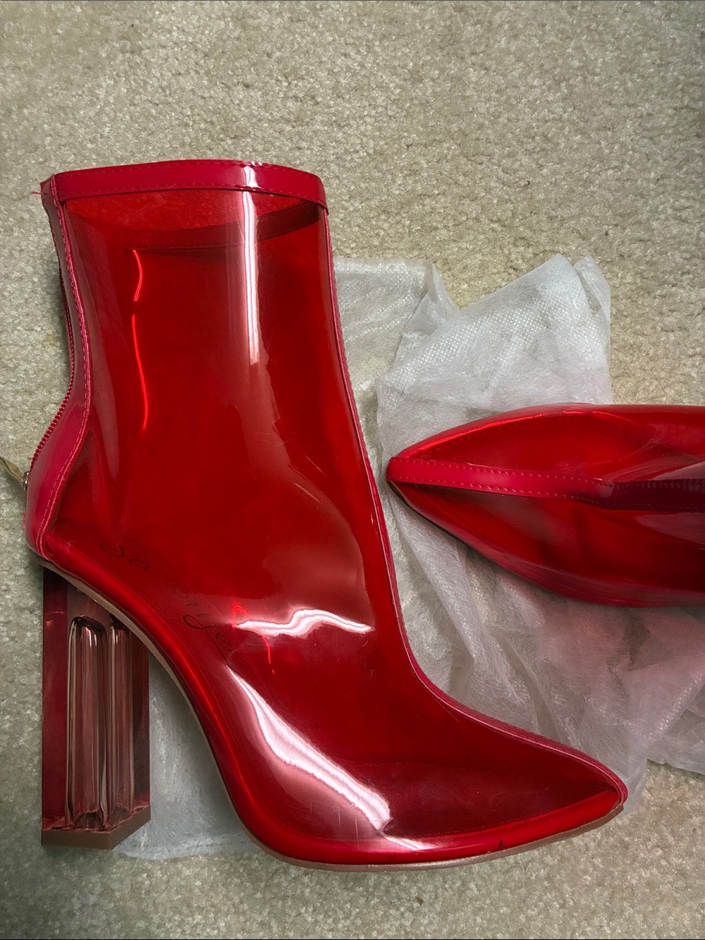 Fashion Nova Red Transparent Pointed-Toe Ankle Boots with Clear Block Heel - Picture 5 of 7